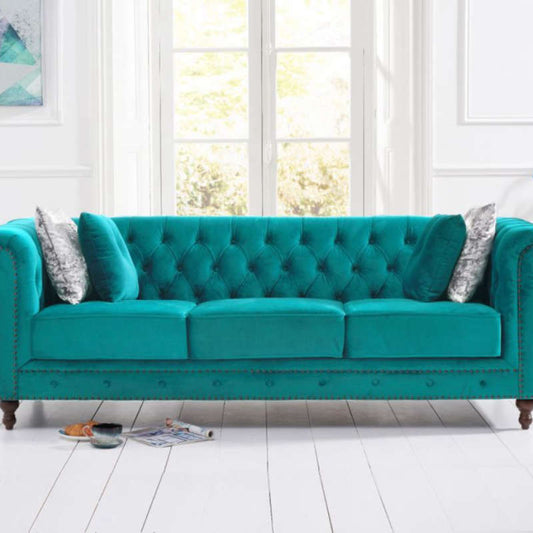 MONTROSE TEAL PLUSH 3 SEATER CHESTERFIELD SOFA
