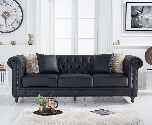 Montrose Black Leather 3 Seater Chesterfield Sofa