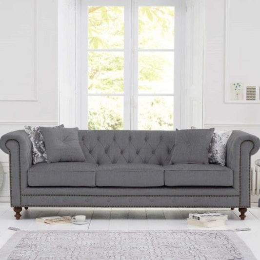 MONTROSE GREY LINEN FABRIC 3 SEATER CHESTERFIELD SOFA