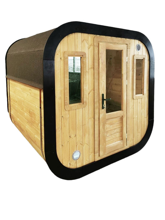 Cubic Outdoor Sauna with Panoramic Rear Glass