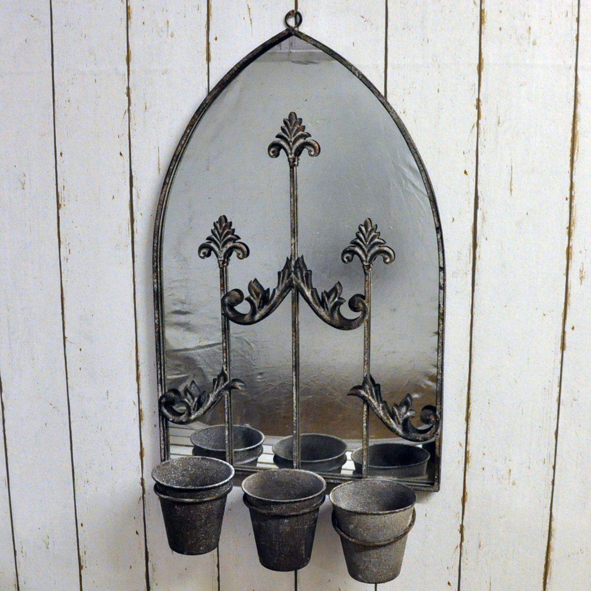 Rusty Metal Vintage Gothic Style Wall Mirror With Triple Planter Plant Pot H60
