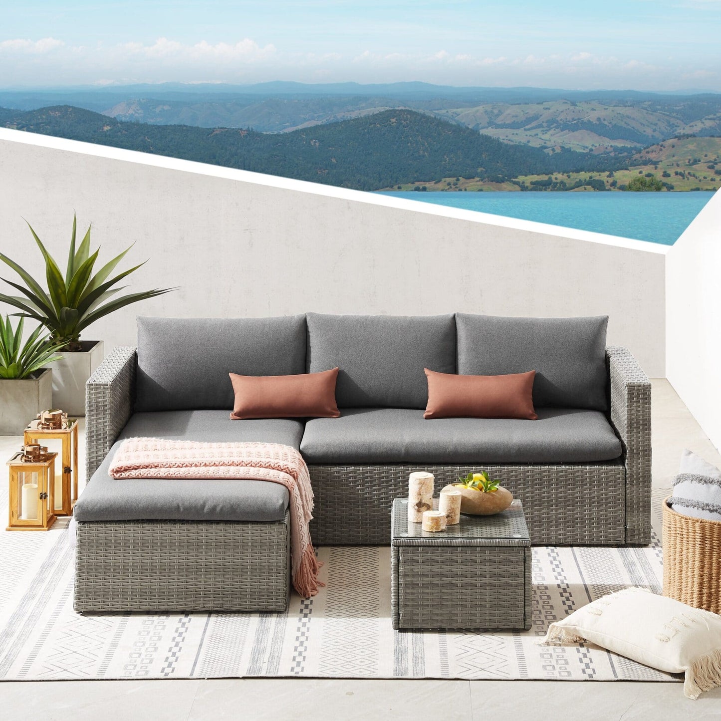 Rattan Corner Sofa Set Outdoor Sectional Sofa With Chaise 6 Seater