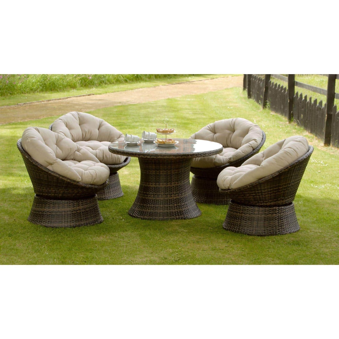 NEW SUMMER GARDEN LAWN PATIO FURNITURE SEATING 5 PIECE COMFY SWIVEL CHAIR DINING SET