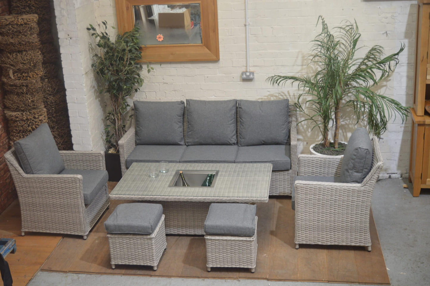 Sofa Patio Dining Lounge Set With Rising Table - Grey Rattan