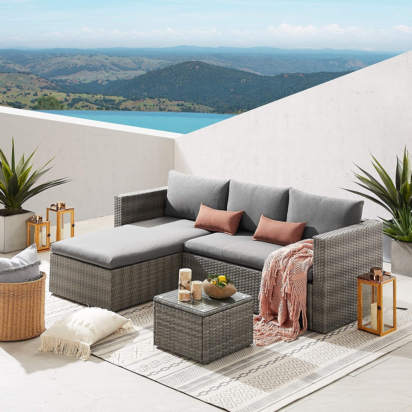 Rattan Corner Sofa Set Outdoor Sectional Sofa With Chaise 6 Seater