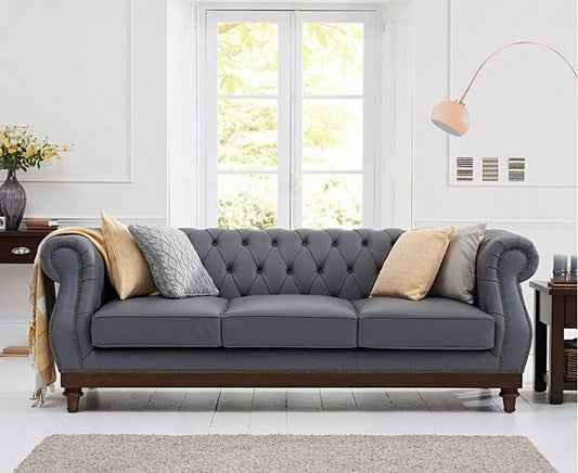 Highgrove Grey Leather 3 Seater Chesterfield Sofa