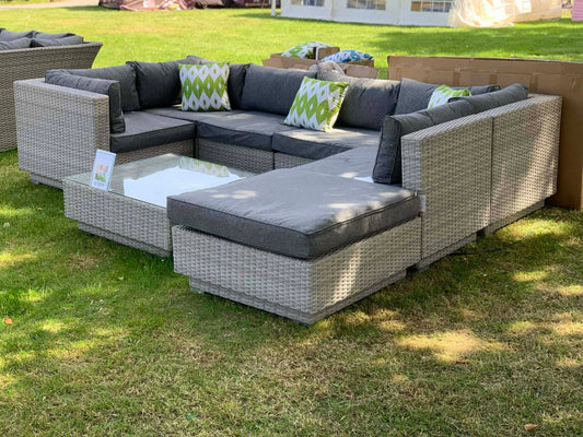 Modern Corner Sofa Lounge Outdoor patio Set - Grey Rattan