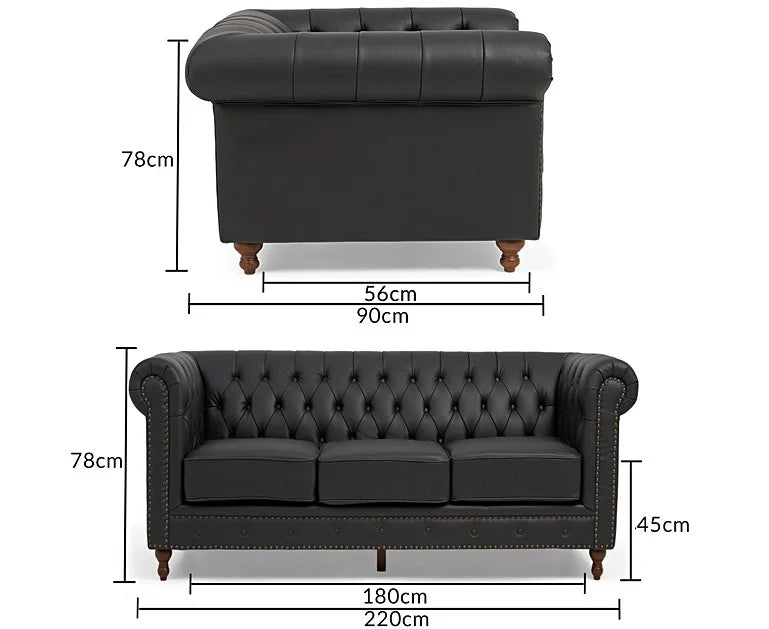Montrose Black Leather 3 Seater Chesterfield Sofa
