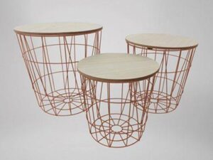 Home Furniture Rustic Wooden Top Nest of 3 Table Set Industrial Style Copper Metal - Image 1