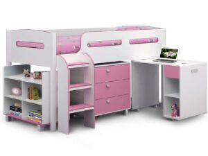 Kimbo White & Pink Cabin Bed with Drawers, Shelf & Desk