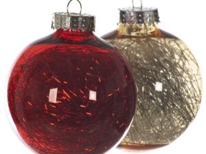 4 Glastic Christmas Bauble Decorations In Red And Gold With Tinsel Effect Inside, Shatterproof. - Image 1