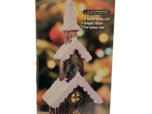 Christmas Battery Operated Warm White LED Snow Topped 3 Teir 46cm Wooden Cabin House, Wood, Brown - Image 1