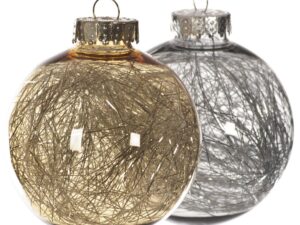 4 Glastic Christmasl Bauble Decorations In Silver And Gold With Tinsel Effect Inside, Shatterproof. - Image 1