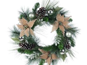 Burlap Poinsettia Christmas Wreath With Matt And Shiny Silver Baubles And Giant Glittered Pine Cones - Image 1