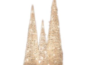 The Christmas Workshop LED Champagne Rattan Cone Lights, Set of 3, Warm White - Image 1