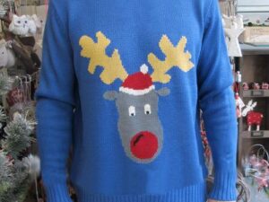 Crazy Granny Festive Christmas Jumper Blue Reggie Reindeer Retro Gift Unisex Size 0 (Small) - Image 1