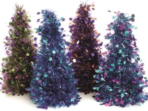 50CM DIE CUT DOUBLE POM POM TINSEL CHRISTMAS TABLE TOP DECORATIVE CONE TREES - ASSTD LIME / CERISE, JADE / FUSCHIA, PURPLE / JADE, PURPLE / ORANGE - Image 1