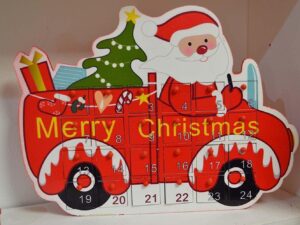 30cm Wide x 22cm Tall Wooden Christmas Advent Calender - Santa in Car - Image 1