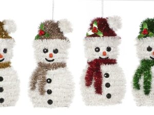 Set Of 4 Christmas Tree Hanging Tinsel Decorations In RED - A Penguin, Snowman, Stocking And Santa Hat. - Image 1