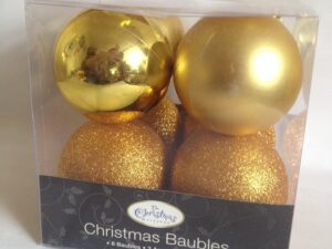 8 Glitter Gold Christmas Tree Baubles 80mm - Image 1