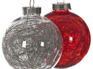 4 Glastic Christmas Bauble Decorations In Red And Silver With Tinsel Effect Inside, Shatterproof. - Image 1
