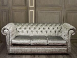 New Luxury Chesterfield Fabric Shimmer Silver 3 Seater Sofa - Image 1