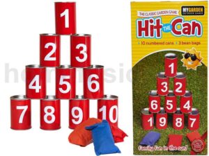 HIT THE TIN CAN GARDEN TIN CAN ALLEY GAME FAMILY KIDS INDOOR 10 TINS 3 BEAN BAGS - Image 1