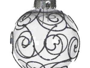 6 Pewter 8cm Christmas Tree Baubles with Glitter Swirls Swirl Design - Image 1