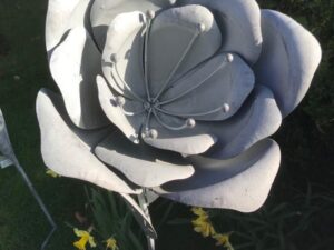 Metal Garden Rose Flower Large Grey On Stake