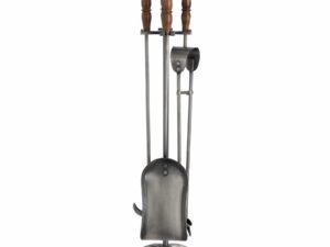Hand Turned Fire Companion Set In Antique Pewter With Wooden Handles