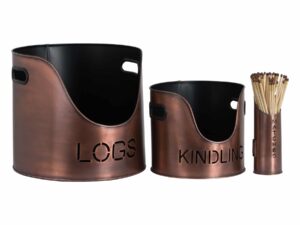 Copper Finish Logs And Kindling Buckets & Matchstick Holder