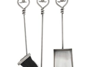 Hanging Antique Pewter Fireside Companion Set With Heart Detailing