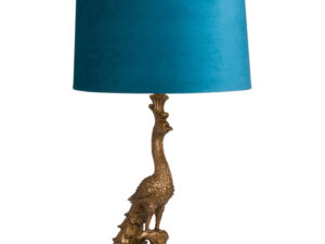 Antique Gold Peacock Lamp With Teal Velvet Shade - Image 1