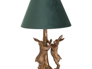Antique Gold Marching Hares Lamp With Green Velvet Shade