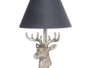 Silver Stag Head Table Lamp With Grey Velvet Shade