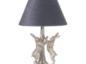 Antique Silver Marching Hares Lamp With Grey Velvet Shade